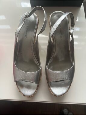 Marc Fisher Silver Metallic Slingback Espadrille Wedges